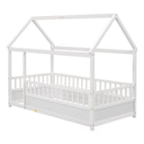 ZNTS Twin Size Floor Wooden Bed with House Roof Frame, Fence Guardrails,White W1858123984