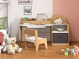 Kids Table and Chair Set with Storage Drawers House-Shaped Study Desk for Playroom Bedroom- Natural 44754457
