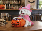 Halloween White Teddy Puppy Figurine, Witch Dog Holding Pumpkin Candy Bowl Decoration 01838696