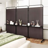 3-Panel Folding Divider with Lockable Wheels and 3 Metal Shelves Brown 47056717