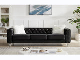 Black, Three-seater Sofa, Velvet Crystal Buckle Upholstery Sofa, Crystal Feet, Removable Cushion, 70232519