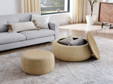 Round Storage Ottoman, Woven rattan fabric Ottoman, 2 in 1 Function, Work as End table and W487P215089