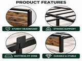 Twin Size Metal Bed Frame, 3-Panel Fire Burnt Brown Wood Grain Headboard with LED Light & Charging 06892471