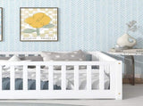 Twin Size Floor Bed with Fence without Door, Rubber Wood Floor Bed with Safety Guardrails,White W504P296795