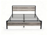 King Size Metal Wood Platform Bed Frame, 3-Panel Wash Grey Wood Grain Headboard with LED Light & 86125033