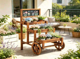 3-Tier Wooden Plant Display Stand, Carbonized Fir Wood Flower Cart with Chalkboard & Rolling Wheels, 65513384