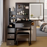 ZNTS Small Space Left Bedside Cabinet Vanity Table + Cushioned Stool, 2 AC+2 USB Power Station, Hair W936140174