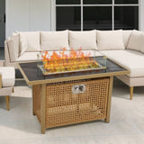 K&K 43" Propane Gas Fire Pit Table, 60000 BTU Rectangular Open Weave Wicker Fire Pit with Glass Wind N707P210158Z