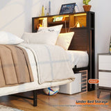 Twin Size Bed Frame with Storage Headboard, Metal Platform Bed with Charging Station, Bookcase W840P201065