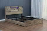 Farmhouse Bed Frame Queen Size with LED Lights and Charging Station, Wooden Queen Bed with 2 Storage W1670P255538