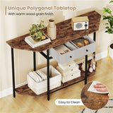 2-Tier Industrial Console Table - Polygonal Tabletop & Open Shelf, 2 Folding Fabric Drawers for 37444231