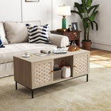 Elegant Veener Weaving Design Coffee Table with 4 Sliding Door, Wooden Center Rectangular Table with W2557P206923