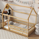 Twin Size House Floor Wooden Bed with Roof Frame,Safety Guardrails,Natural W504P286404