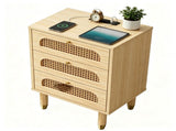 3-Drawer Nightstand with Rattan-Style Finish 15.75"*13.78"*23.82" with Power Outlet Oak 88311539