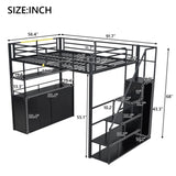 Full Size Metal Loft Bed with Storage Staircase and Wardrobe,Shelves and Lockers,Black 20859887