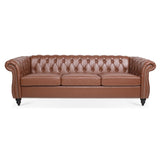 84.65"BROWN PU Rolled Arm Chesterfield Three Seater Sofa. W68035343