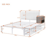 Full size Metal Platform Bed with Two-Tier Storage Shelves, Wooden Storage Cabinet, White N737P199334K