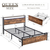 Queen Size Bed Frame with Storage Headboard and 2 Drawers, LED Lights Bed with Charging Station, W1916126253