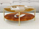 Luxurious Round Coffee Table with-Tinted Tempered Glass Top Walnut Wood Storage Shelf, Sturdy W1935P457159