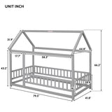 ZNTS Twin Size Floor Wooden Bed with House Roof Frame, Fence Guardrails,Grey 40028728