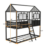 ZNTS Twin over Twin Size Metal Low Bunk Beds with Roof and Fence-shaped Guardrail, Black MF293553AAB