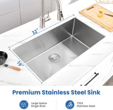 ZNTS 32" L X 19" W Undermount Single Bowl 18 Gauge 304 Stainless Steel Kitchen Sink W1225P266036