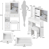 Small Size Left Drawer Desktop Vanity Table Cushioned Stool, Extra Large Sliding Mirror, Multi W936P202270