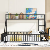 Full Size Floor Bed Frame with Safety Fence, Metal Floor Bed with Desk and Storage Shelves, W1580P240070