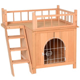 ZNTS Natural Wood 2-Level Wooden Cat House with Lockable Wire Door 15770241