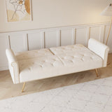 A 69.7-inch-long sofa bed covered in beige velvet fabric, featuring nail head trim and accompanied W3356P298442