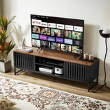 63 Inch Mid Century Modern TV Stand with Slatted Grille Striped Doors, TV Stand with Storage, W578P193305