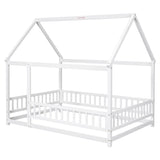 ZNTS Full Size Floor Wooden Bed with House Roof Frame, Fence Guardrails ,White W1791P148196