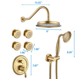 Single-Handle 4-Spray Patterns Bathroom Rain Shower Faucet with Body Jet Handshower in Brushed Gold W1219133589