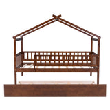 Twin Size Wooden House Bed with Twin Size Trundle, Walnut WF302178AAL