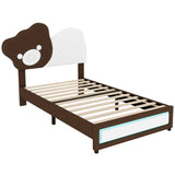 ZNTS Twin Size Upholstered Platform Bed with Bear Shaped Headboard, LED Light Strips, White + Brown WF323767AAK