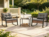3-Piece Outdoor PE Rattan Rocking Chair Conversation Set with 2-Tier Glass Coffee Table, Heavy Duty 79877072