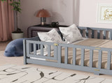 Queen Size Floor Bed with Fence,Door,Rubber Wood Floor Bed with Safety Guardrails,Grey W504P286386