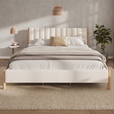 King Size Bed Frame with Boucle Upholstered Thick Headboard, Solid Wooden Legs, White N757P256984K