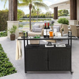Outdoor Bar Table, Wicker Bar Cart with Cabinet, Patio Serving Cart with steel Top, with one ice W640P253277