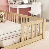 Double Twin Floor Bed with Fence, Guardrails, without door, Natural W504P143287