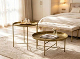 Gold Round Coffee Table Set with Hammered Tray Top & Metal Frame, Center Table for Living Room & 53686007