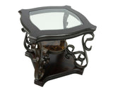 End table, Glass table top, MDF W/marble paper middle shelf, powder coat finish metal legs. W48720761