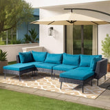 2 pcs armless sofa 2 pcs corner sofa 2 pcs footstool iron legs black rattan peacock green 72293141