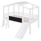 ZNTS Twin Size Loft Bed with Ladder and Slide, House Bed with Blackboard and Light Strip on the Roof, WF324323AAK