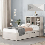 ZNTS Modern Twin Size Bed Frame With Built-in USB Port on Bookcase Headboard and 2 Drawers for White W697P152022