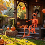 5.5ft Life-Size Halloween Skeleton with Pumpkin Head - Orange Color, Fully Poseable Joints 28854168