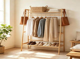 Natural Bamboo Clothing Rack, Multi-Layer Garment Organizer with Top & Bottom Storage Shelves, Side 02619483
