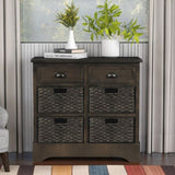 TREXM Rustic Storage Cabinet with Two Drawers and Four Classic Rattan Basket for Dining/Living WF193442AAD