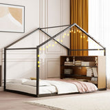Full Size Metal Bed House Bed Frame with Shelves and Lights, Black N737P176706B