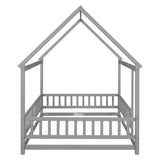 ZNTS Full Size Floor Wooden Bed with House Roof Frame, Fence Guardrails ,Grey 34864864